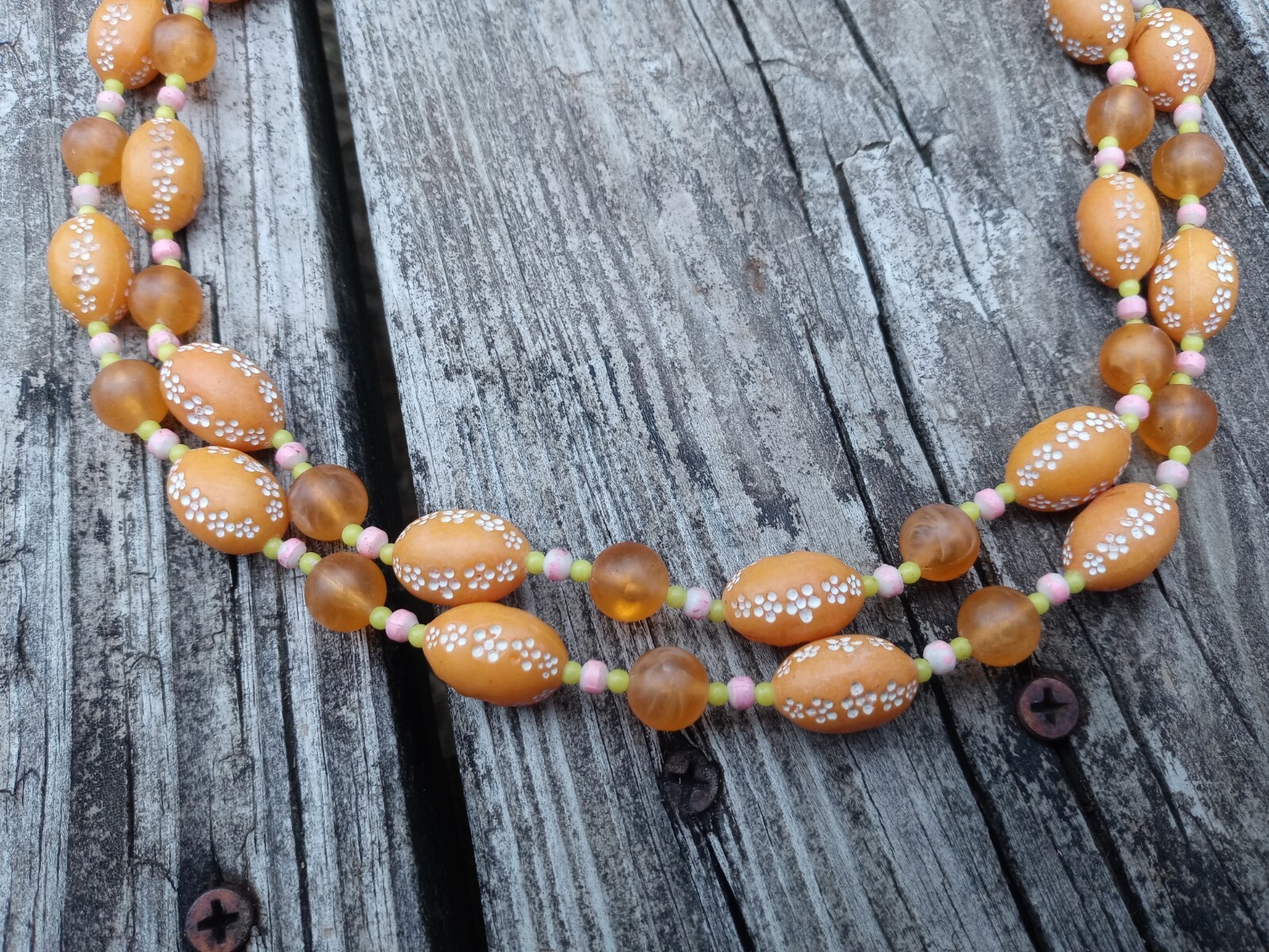 VTG 1960’s Costume Necklace 2 Strand Floral Beaded Metal Safety Latch Hong Kong
