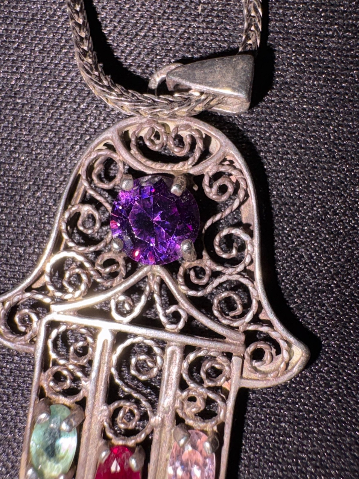 Vintage Italy 925 Sterling Silver Hamsa Hand Pendant Necklace 18” Multi Color St