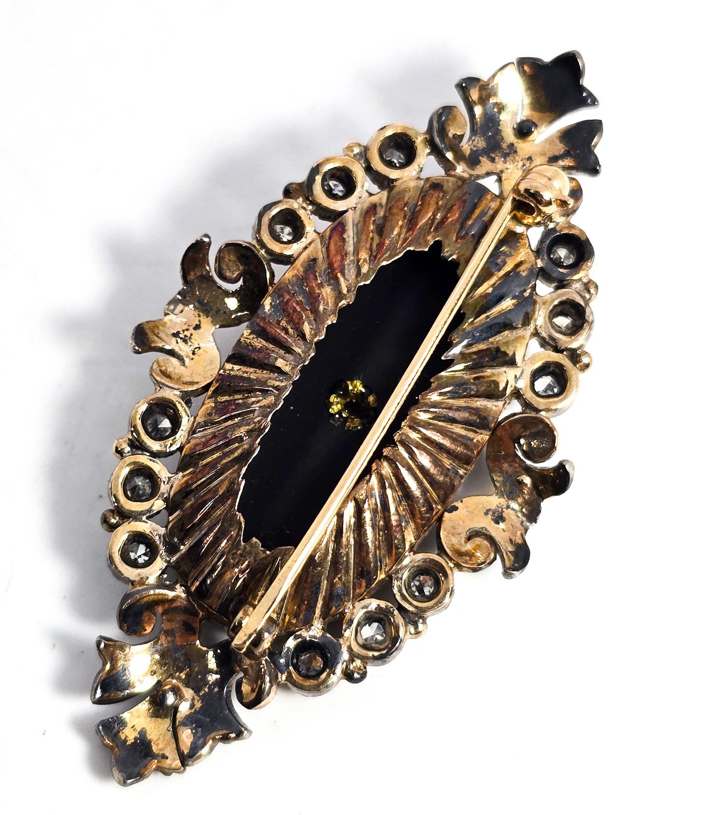 Momento Mori diamond and onyx antique vermeil sterling silver mourning brooch pi