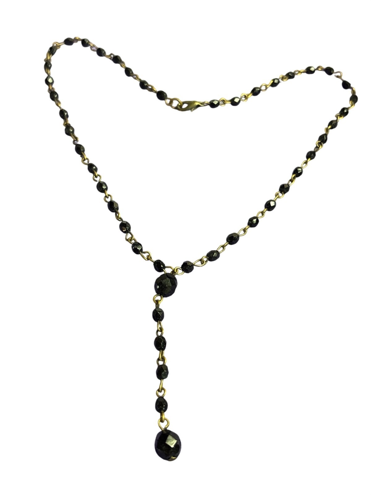 Vtg 90s Y Necklace Black Faceted Glass Beaded Chain Goldtone Lobster Clasp 16 in