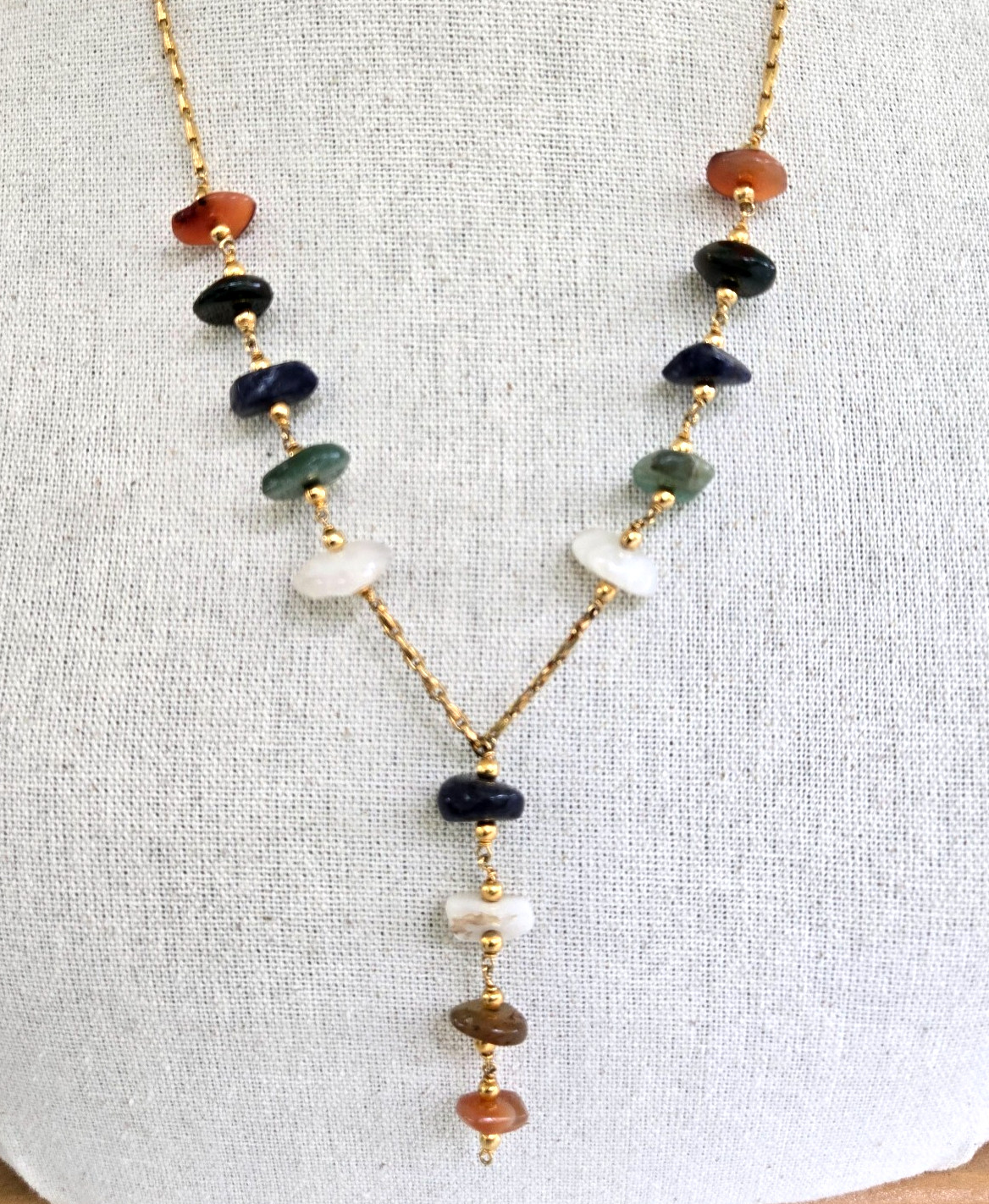 Vintage Agate Nugget Bead Gold Tone Elongated Chain Y Drop Necklace 24.75″