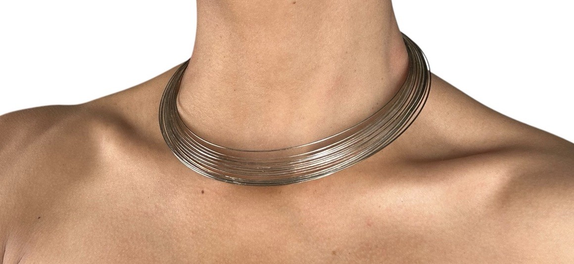 VTG Silver Tone Modernist Cleopatra Style Wire Choker Collar Statement Necklace