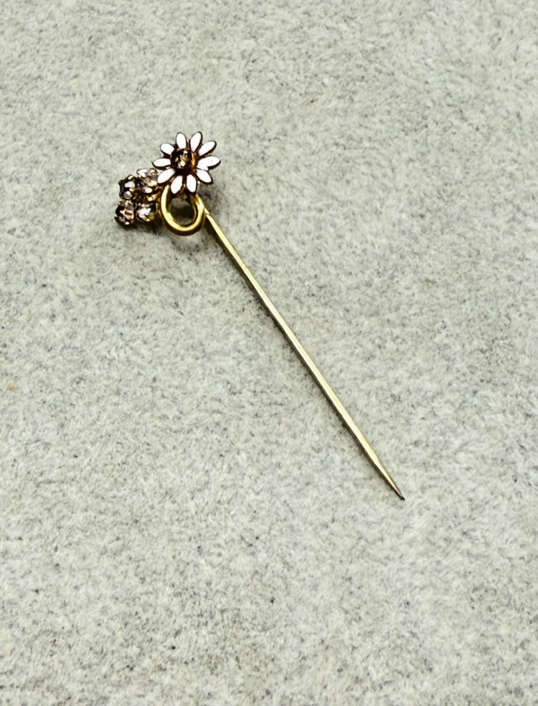 Antique Victorian Gold Filled Stick Pin White Enamel Flower Rhinestones Dainty