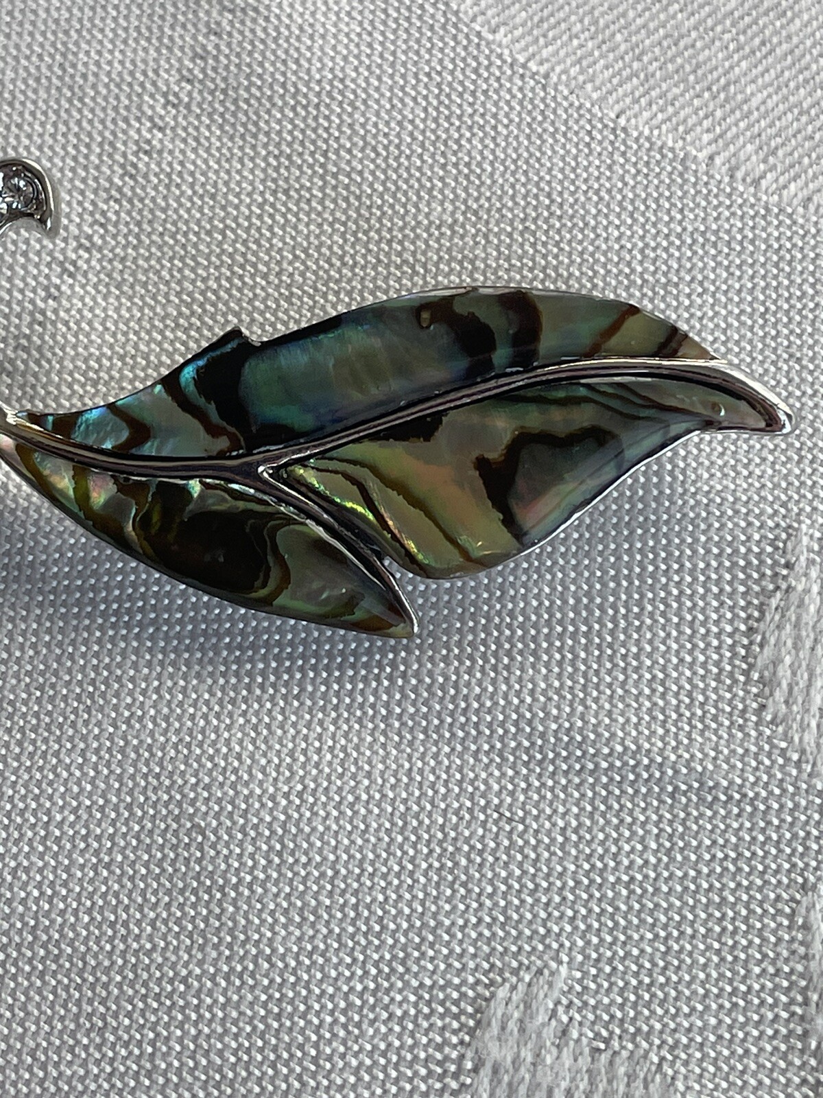 Vintage Abalone Shell Leaf Brooch Pin Clear Rhinestones Inlaid MCM Mermaidcore