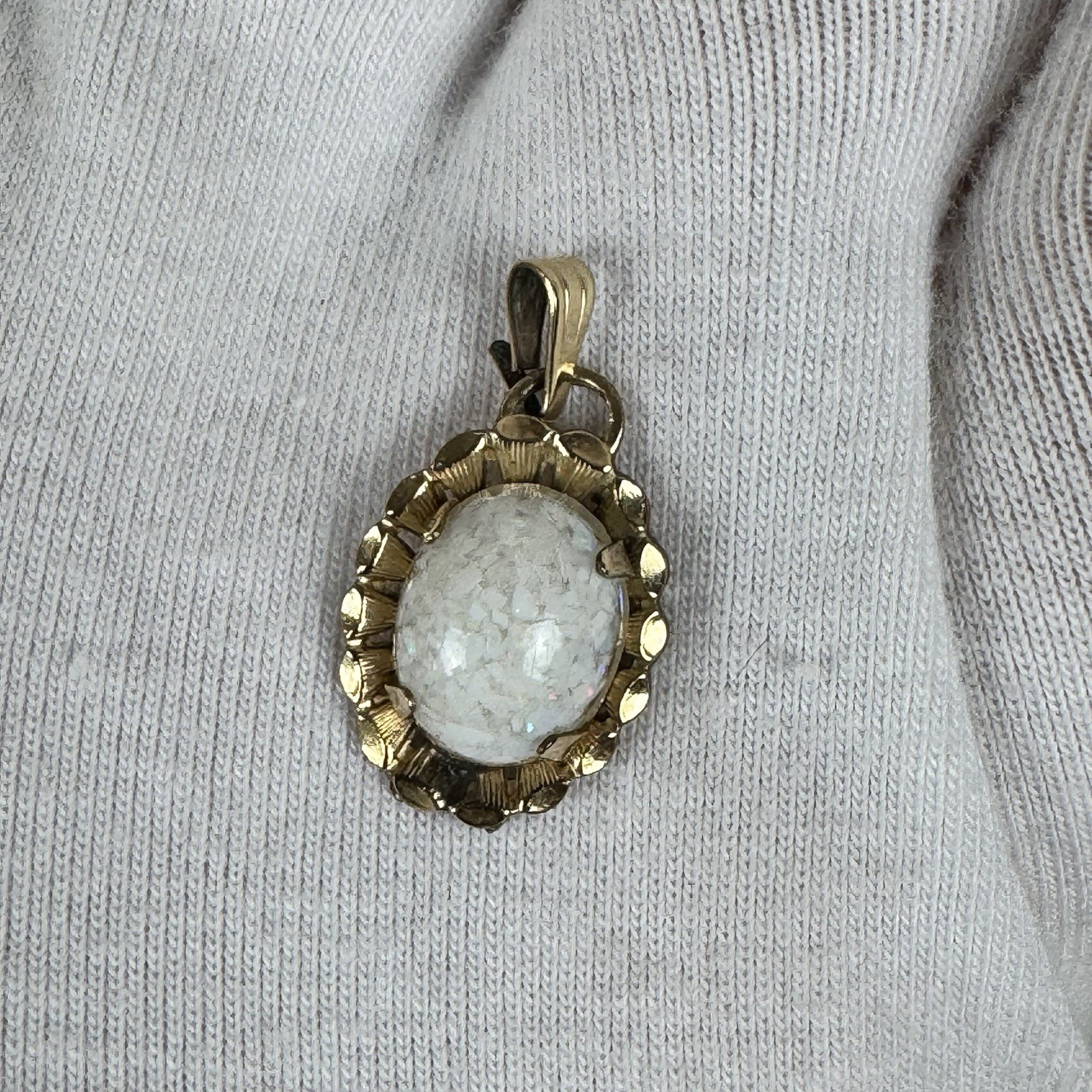 Vintage Gold-Filled Pendant w/Opalescent Glass Cabochon Mid-Century Opalite