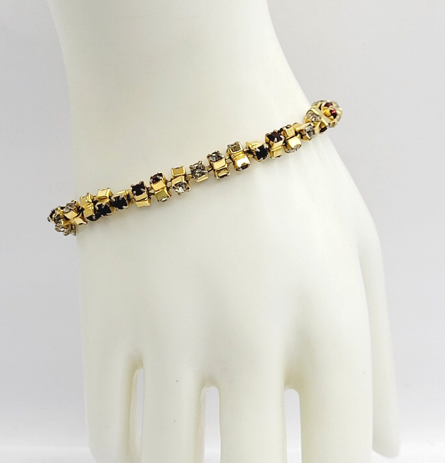 Unique Slightly Brutalist Style Gold Plated Bracelet Red White Rhinestone 7.5 In