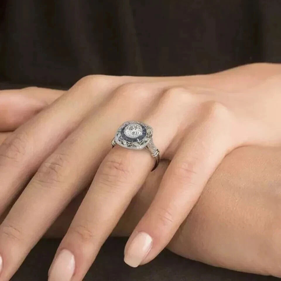 Art Deco Style Lab Created Diamond & Sapphire Wedding 14K White Gold Finish Ring