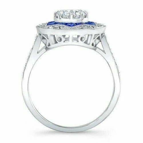 Art Deco Style Lab Created Diamond & Sapphire Anniversary 14K White Gold FN Ring