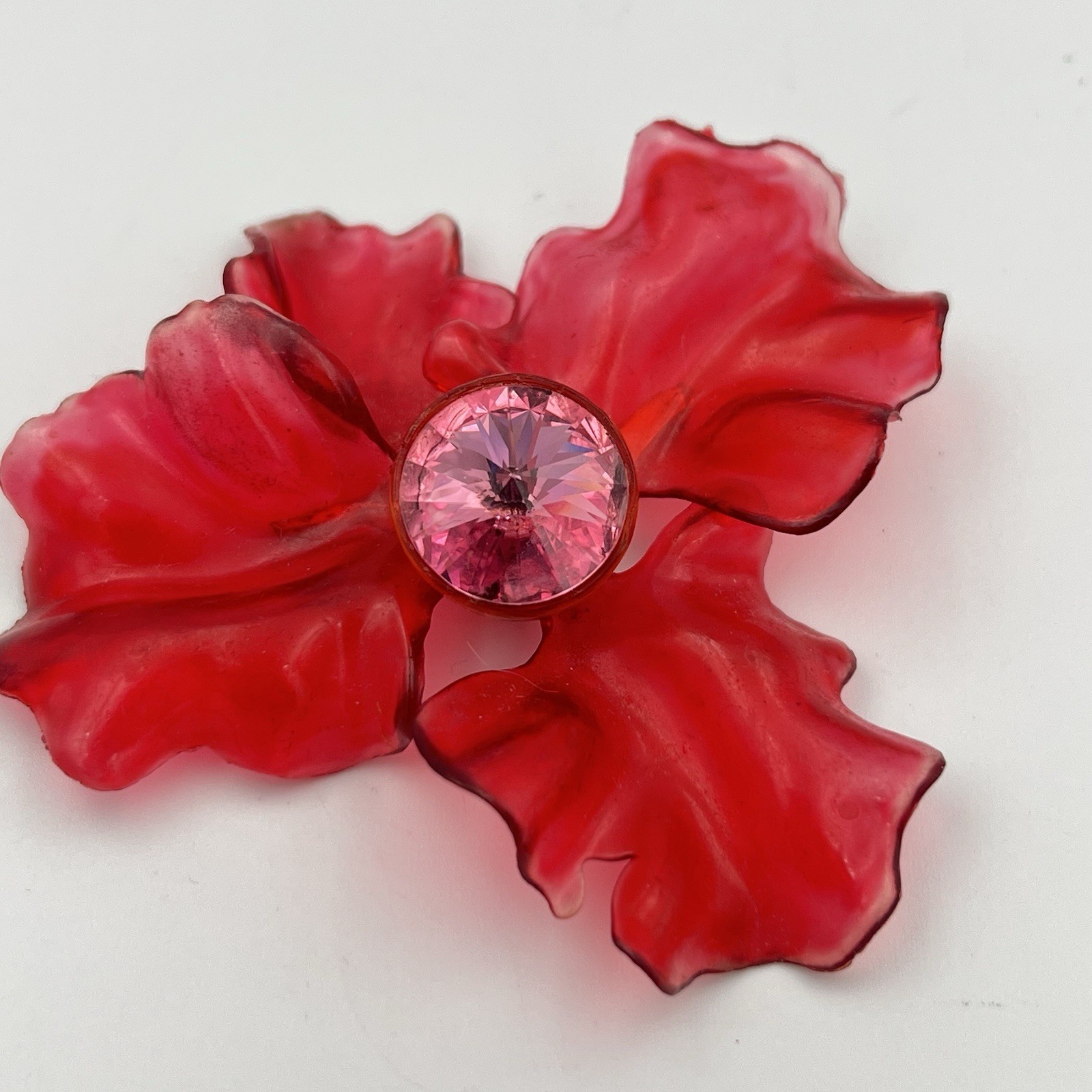 Vintage Cellulose Acetate Flower Brooch Large MCM Red Pink Rhinestone Pin