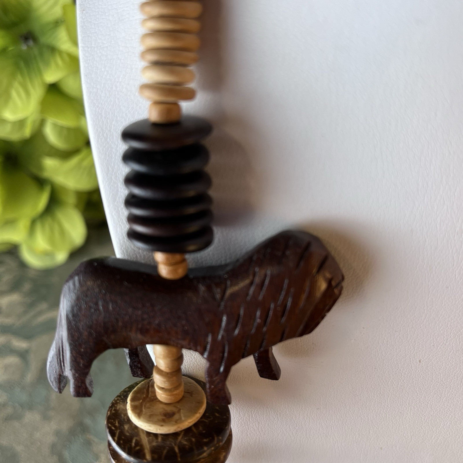 Vtg 26” African Safari Wood Bead Necklace & Rhino Earrings Lion Zebra Elephant