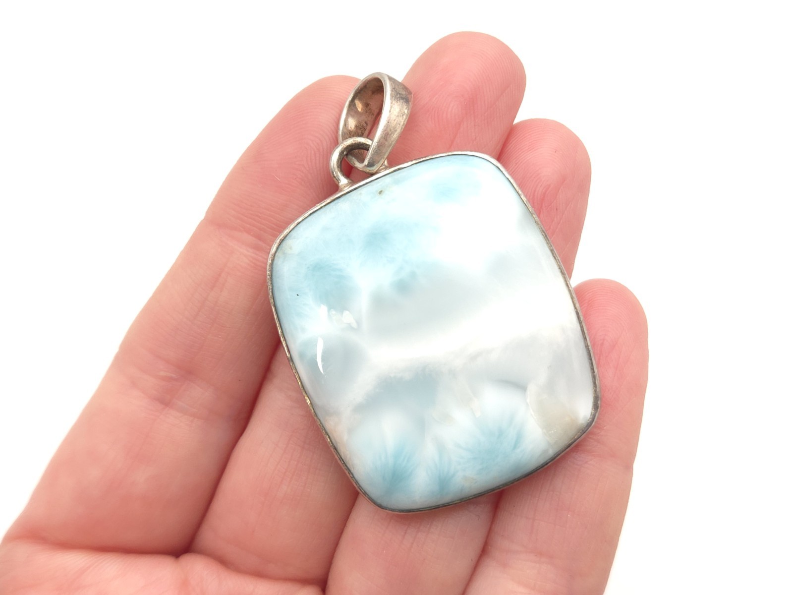 Vintage Sterling Silver Light Blue Larimar Stone Rectangle Square Large Pendant