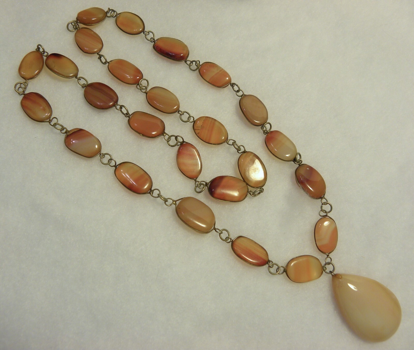 Vtg Polished Banded Agate Necklace Teardrop Pendant Chained Slices 30″ Long