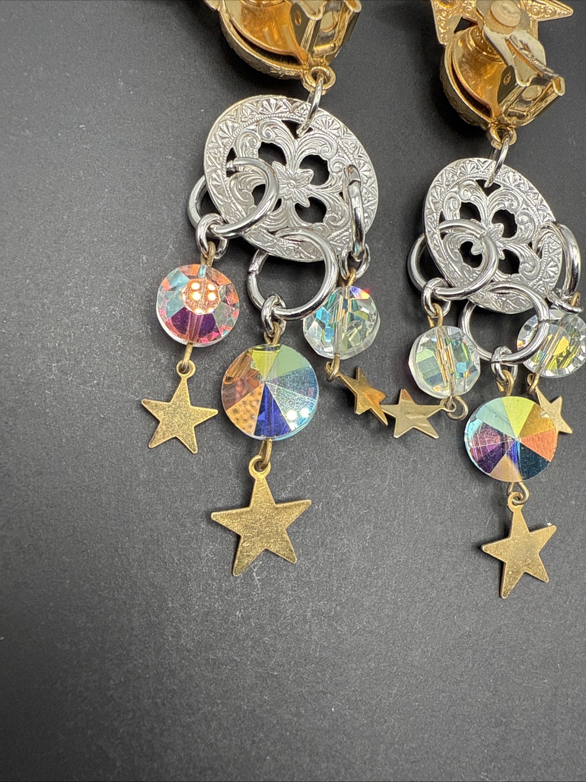 Kirks Folly Signed Silver Gold Tone Dangle Stars Moon Crystal Earrings C81