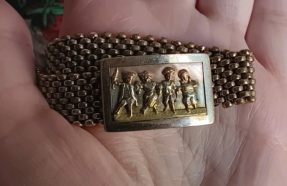 Antique *Damaged* Brass Mesh Link Bracelet Rectangle Clasp People Scene 7″