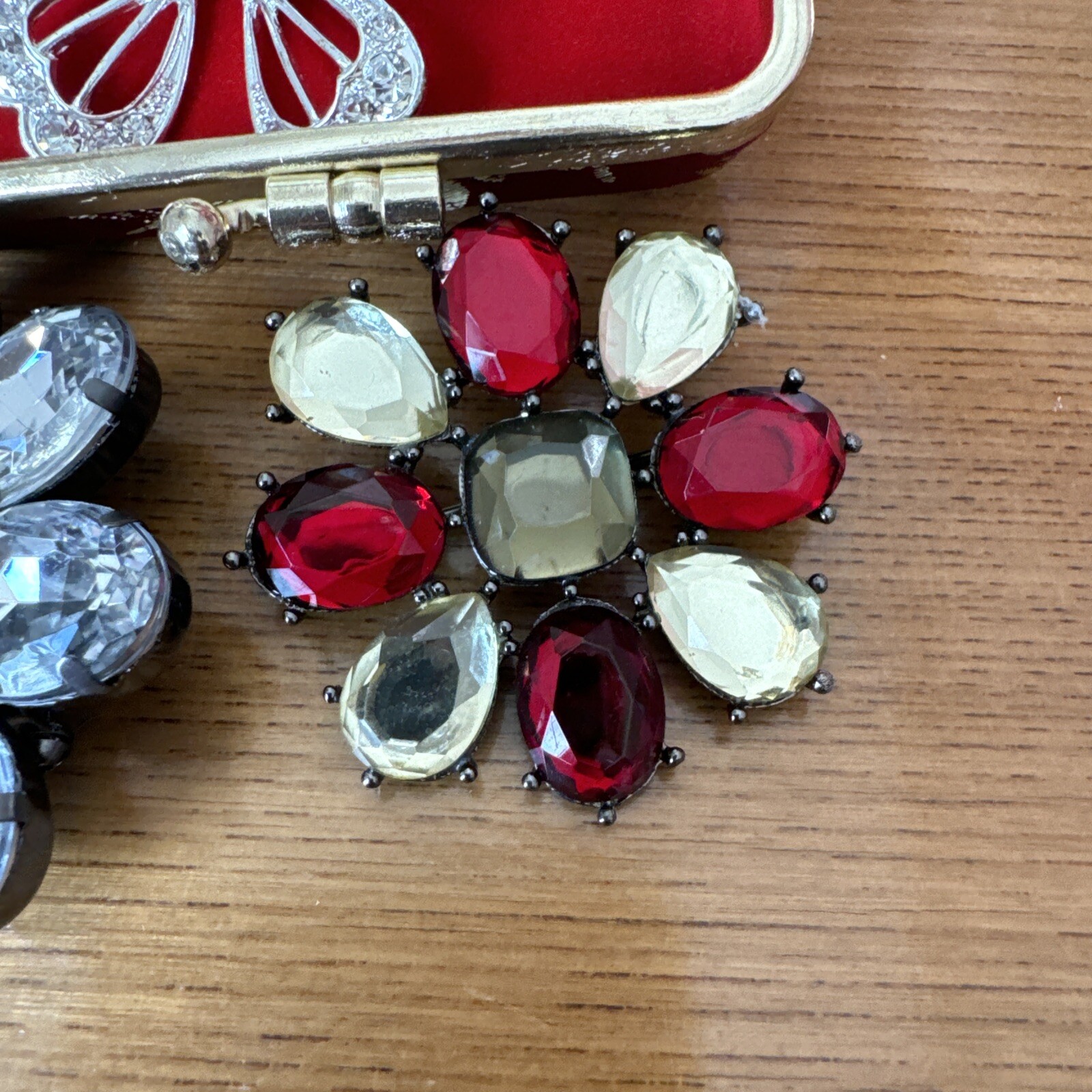 3 PIECE SPARKLING FLOWERS/Butterfly BROOCH LOT And Small Case See Pictures