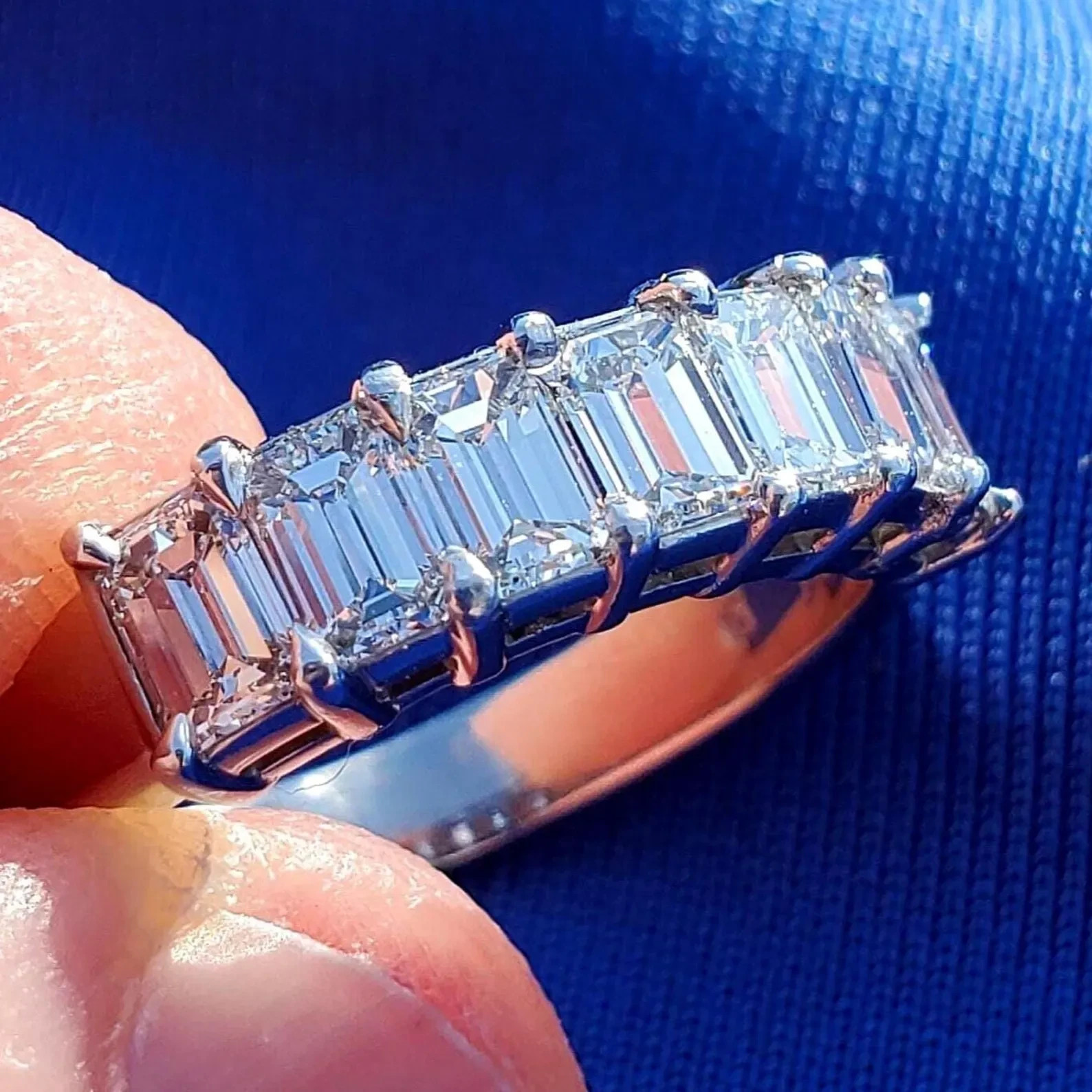 Original EARTH MINED DIAMOND Emerald cut Deco Wedding Band SOLID PLATINUM Ring 6