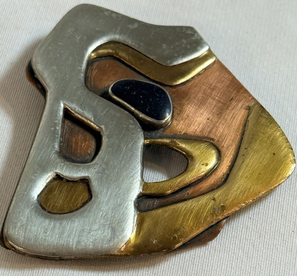 Large Vintage Modernist Brutalist Studio Brooch – Abstract Mixed Metals, Onyx