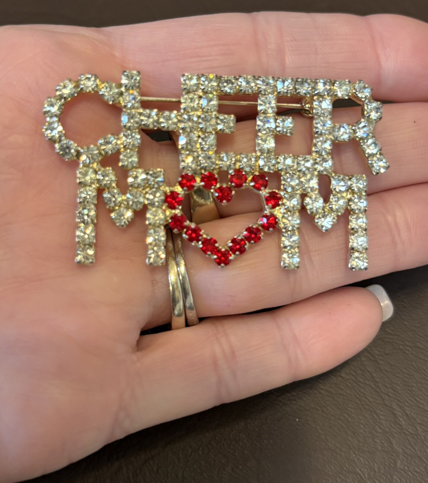 CHEER MOM SILVER TONE CLEAR RHINESTONES Statement RED HEART LARGE