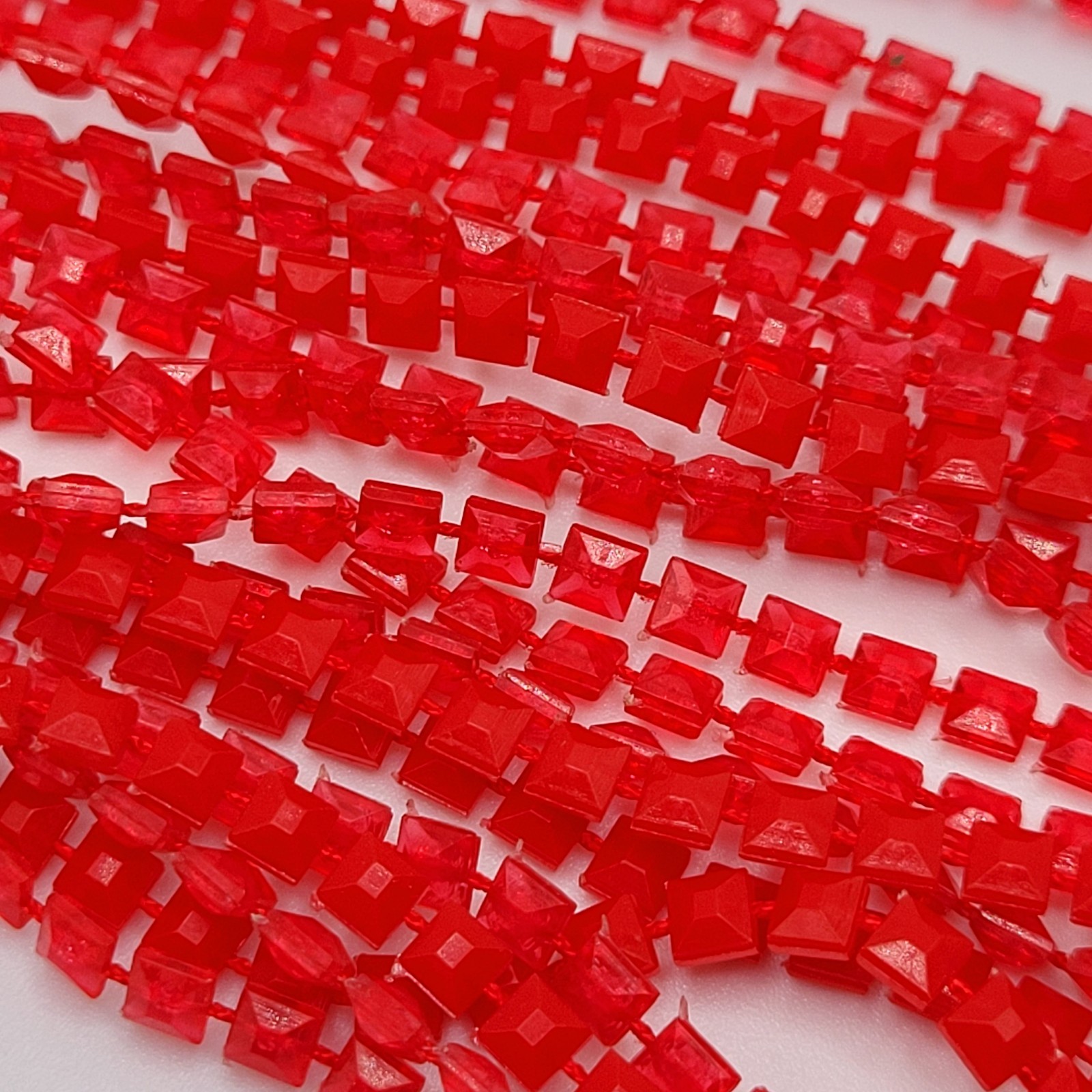 Vintage Red Multi Strand Plastic Square Beaded Solid & Clear Bead Necklace 48 In