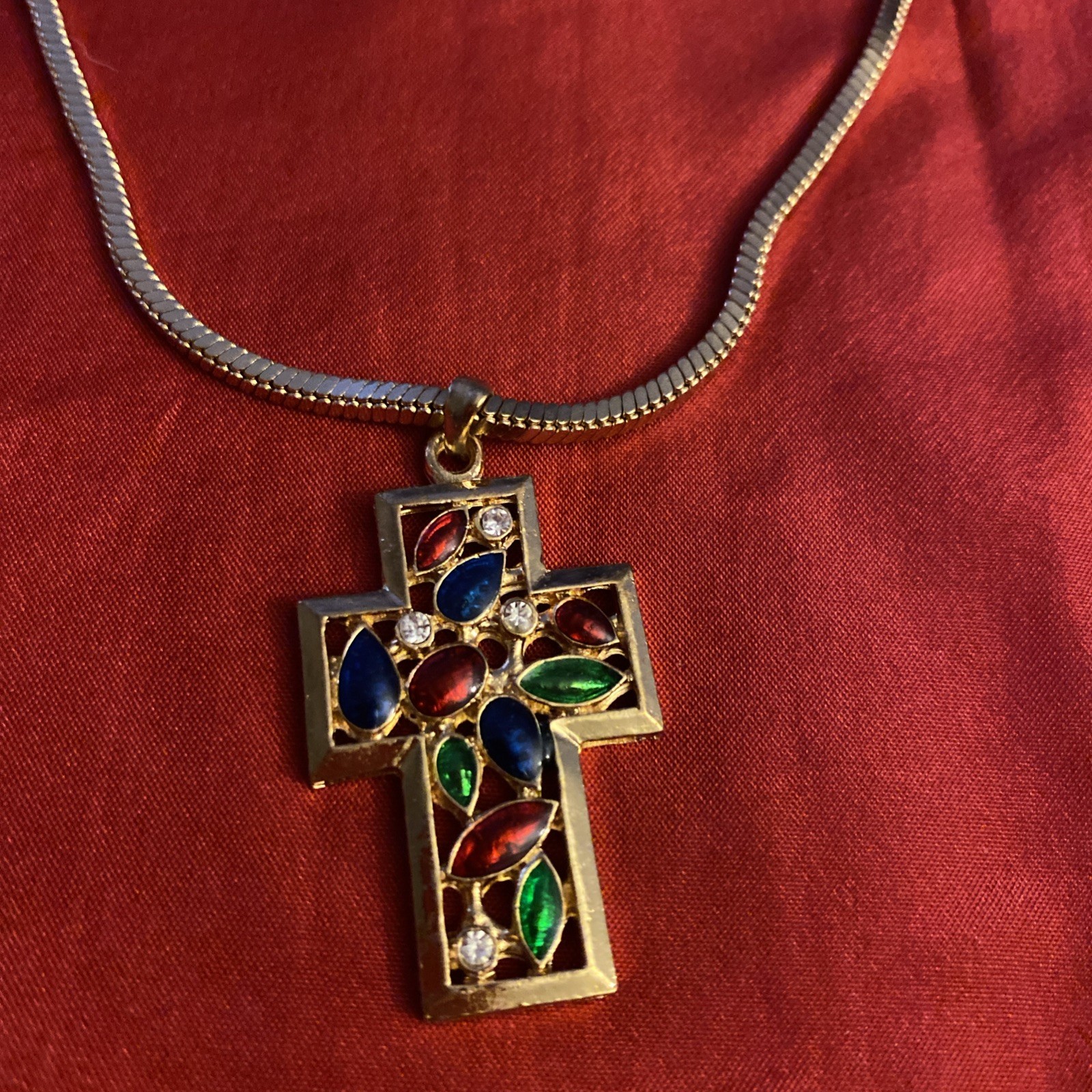 Vintage Multicolor Enamel Rhinestone Abstract Design Cross Necklace & Earrings