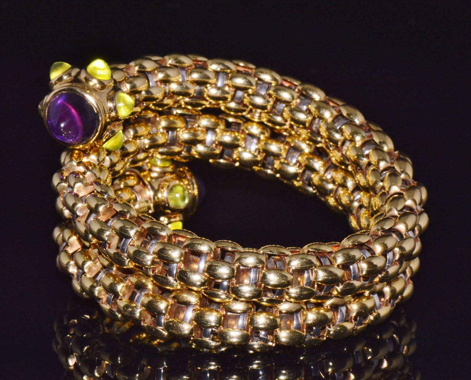 RARE VINTAGE FOPE AMETHYST 18K SOLID GOLD DOUBLE WRAP SNAKE FLEX’IT BRACELET
