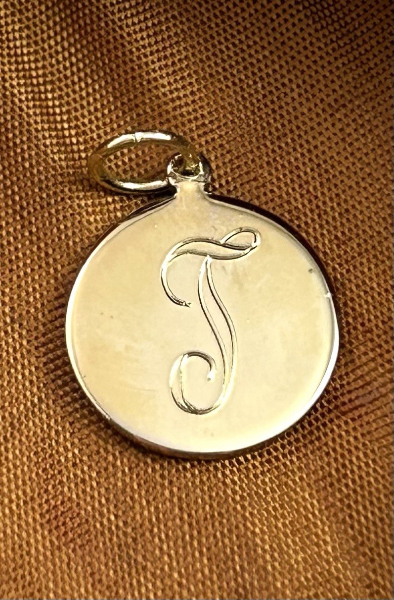Vintage Initial T Charm Dainty Pendant Etched Gold Plated Metal Vintage Jewelry