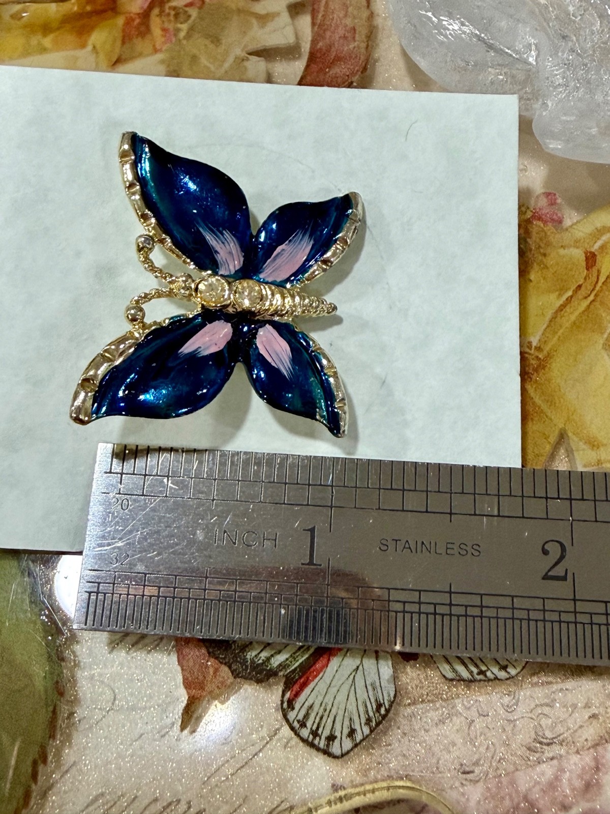 Enameled Butterfly Pin, Blue & Pink With Rhnestone Accents, Gift for Her, Mom