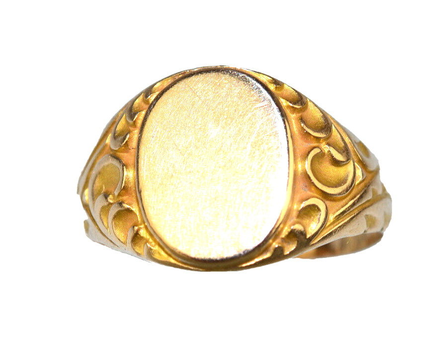 ANTIQUE 10K YELLOW GOLD SIGNET RING WITH FANCY CHASED SIDES SIZE 6 NO MONOGRAM