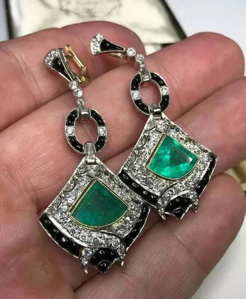 Art Deco Style Lab Created Emerald Diamond Engagement 14k White Gold FN Earrings