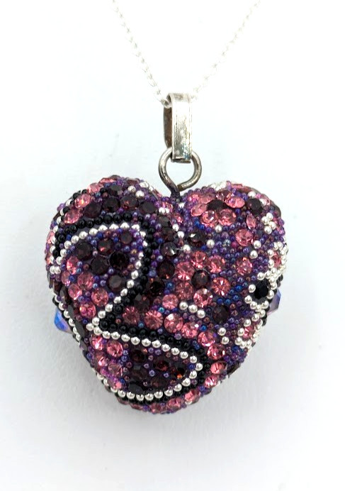 Vintage Heart Pendant Sterling Silver Necklace Pink Purple Crystal Beaded 20 In