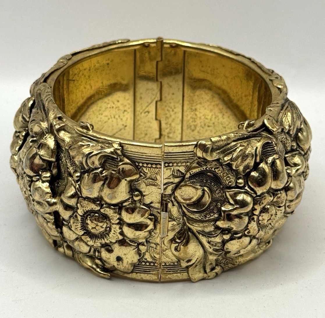 Vintage BRACELET Brass Tone Floral Ornate Safety Chain Cuff Chunky Bangle Wide