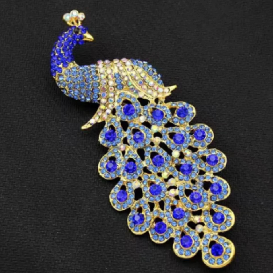 Vintage Style Peacock Bird Blue Rhinestone Crystal Cyan Bird Brooch Pin Pendant