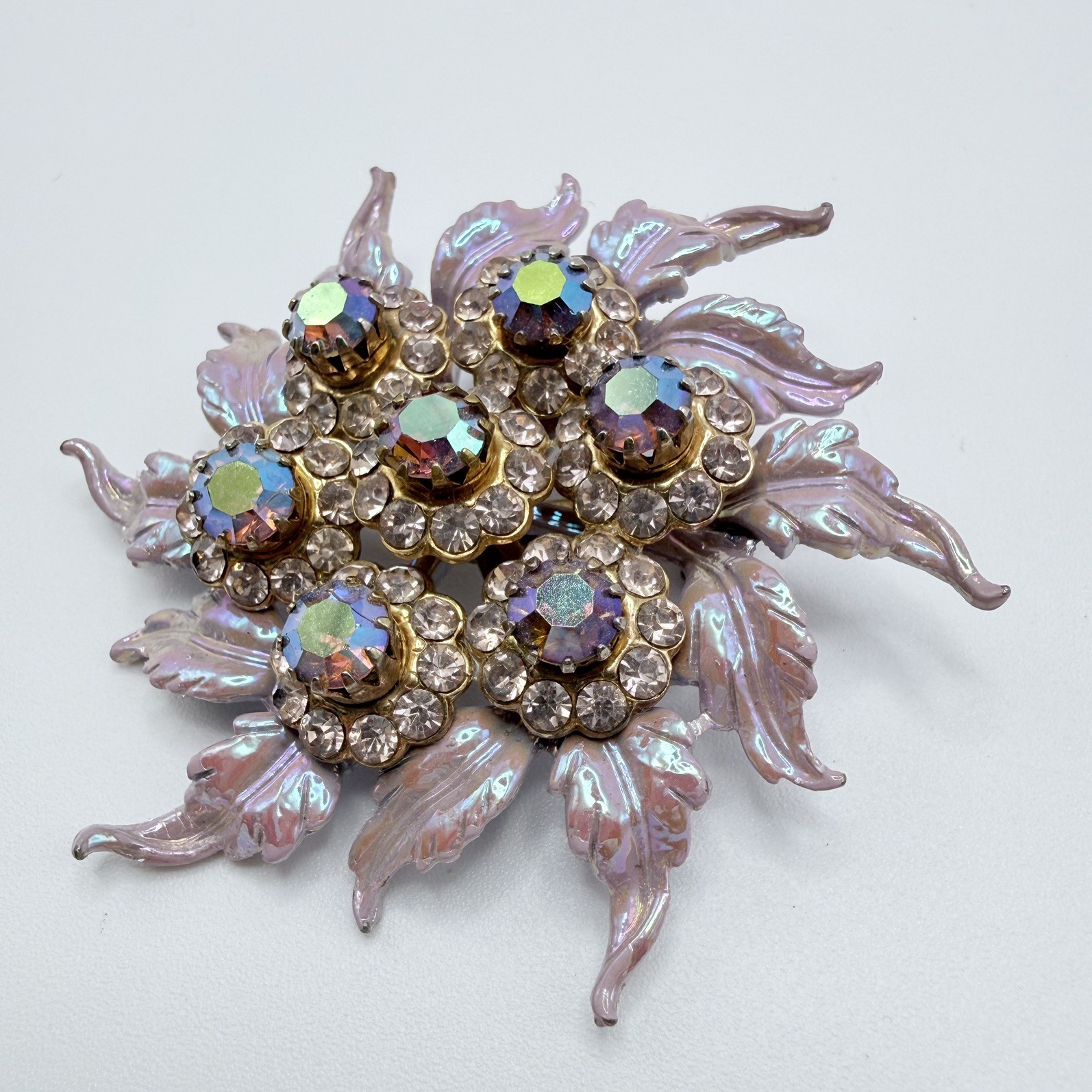 Selini Pearlescent Pink Rhinestone Pin Brooch Aurora Borealis Crystal Vintage