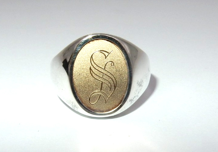 VINTAGE STERLING SILVER 14K GOLD SIGNET RING – “S” MONOGRAM, SIZE 9.5, 12 GRAMS