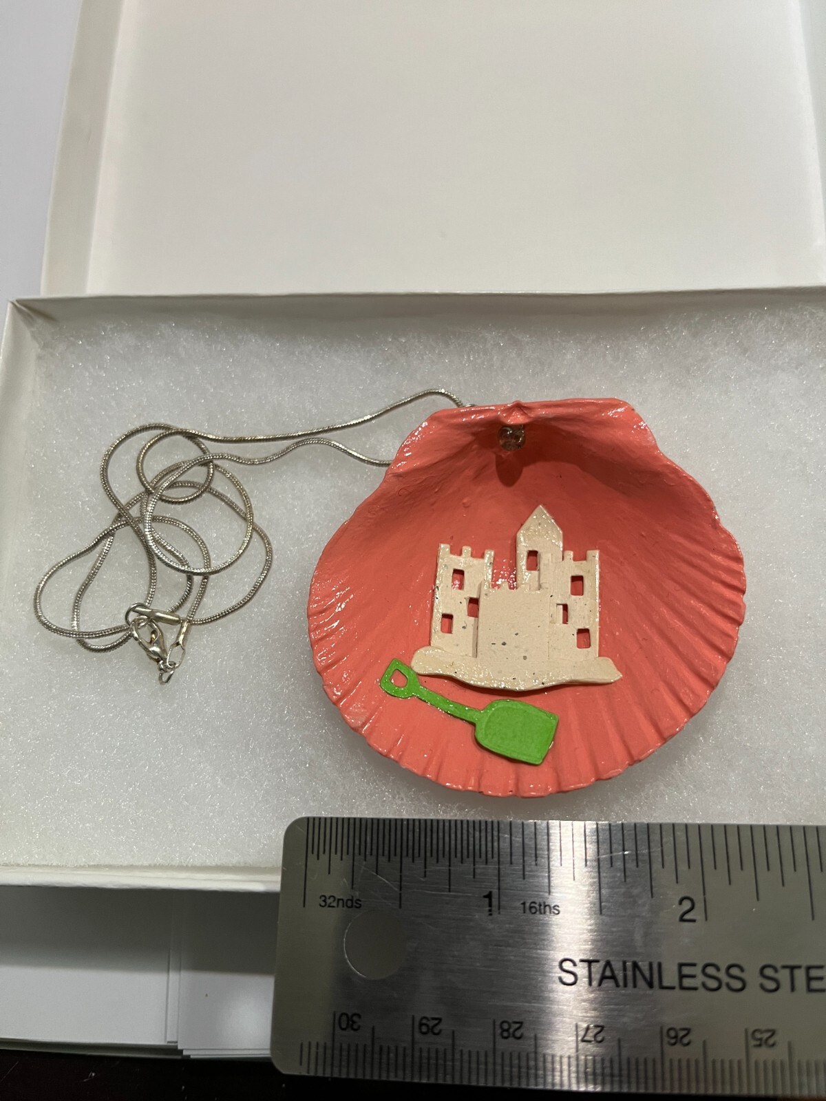 Handmade Art Summer 3d Sand Castle Seashell Necklace approx 18″ chain gift