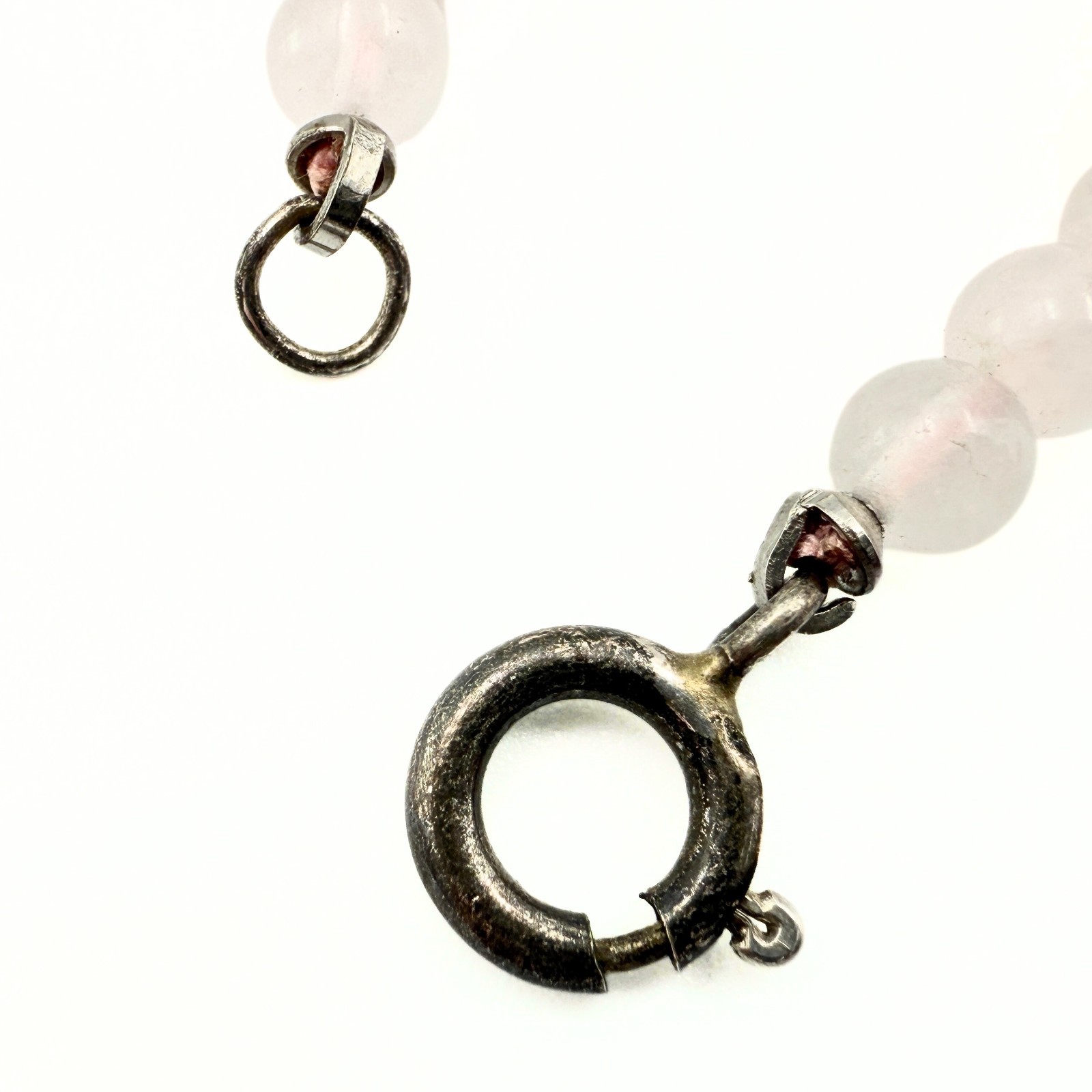 Antique Art Deco Sterling Silver Elongated Shell MOP Rose Quarts Summer Necklace