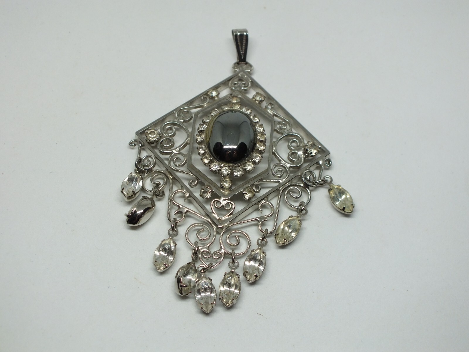 Beautiful Pendant Silver Tone Clear Rhinestones Gray Cabochon Dangles 3 1/4×2 1/