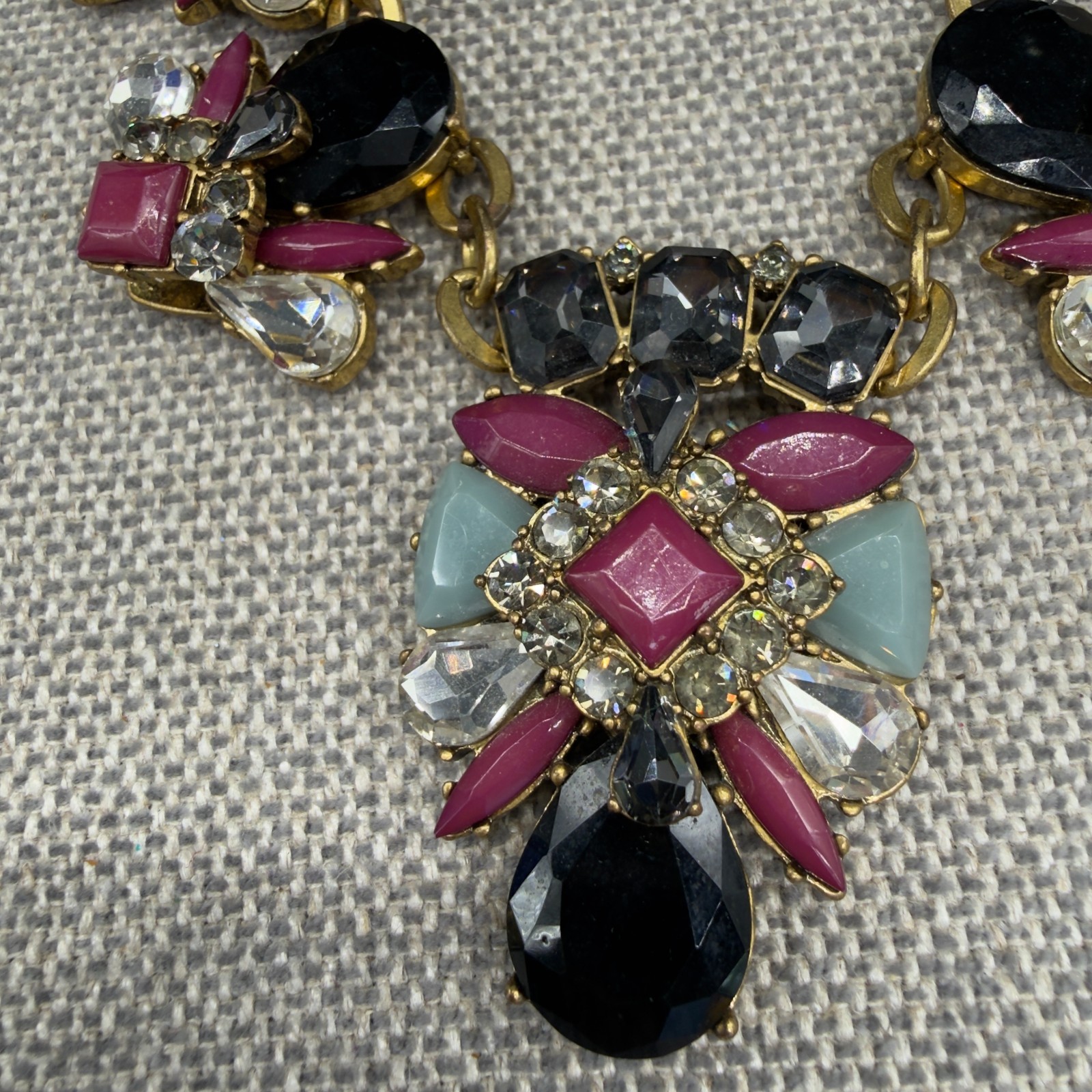 Vintage J Crew Necklace Jeweled Statement Burgundy Black Gold Tone 19 Inches