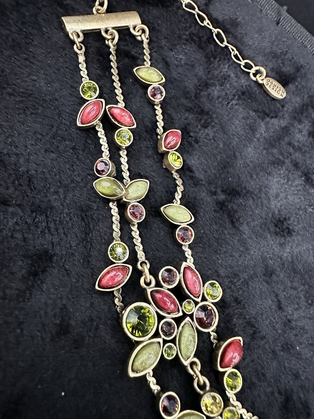 Vintage Pilgrim Danish Design Triple Chain Brass Choker Necklace w/Red Stones