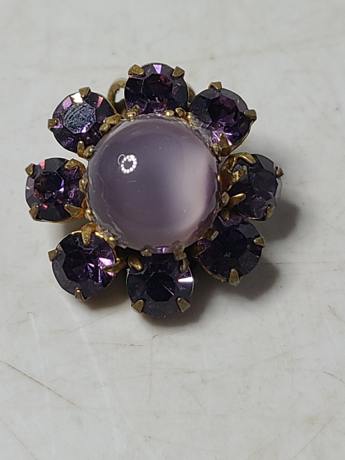 Vintage Signed Austria Purple Cabochon Rhinestone 3/4 Inch Clip Earrings