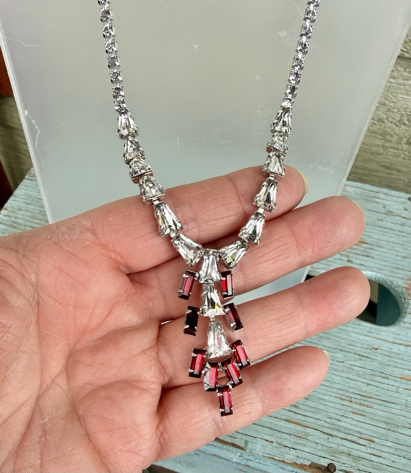 Vintage 1950’s B. David Red & Clear Rhinestone Drop Dangle Necklace & Earrings