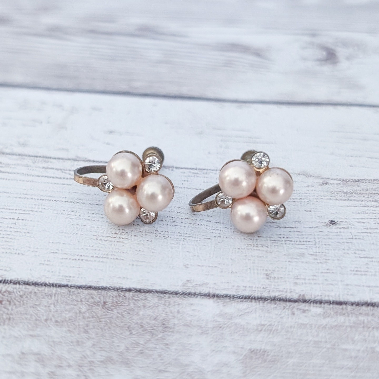 Vintage Screw Back Earrings Dainty Faux Pearl & Clear Gem Trio 0.5″