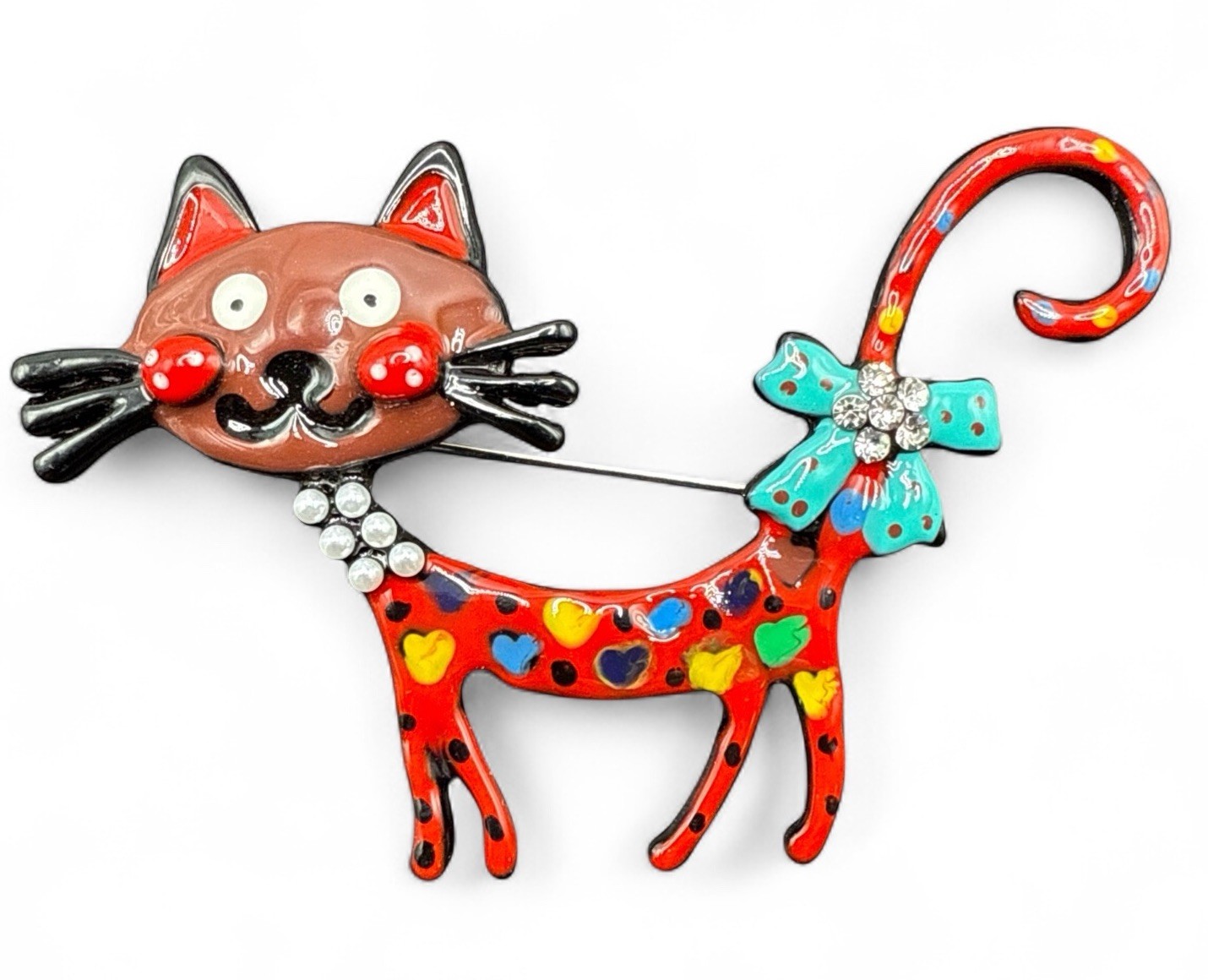 Fun Funky Cat Brooch Pin Rhinestone Polka Dot Heart Enamel J150