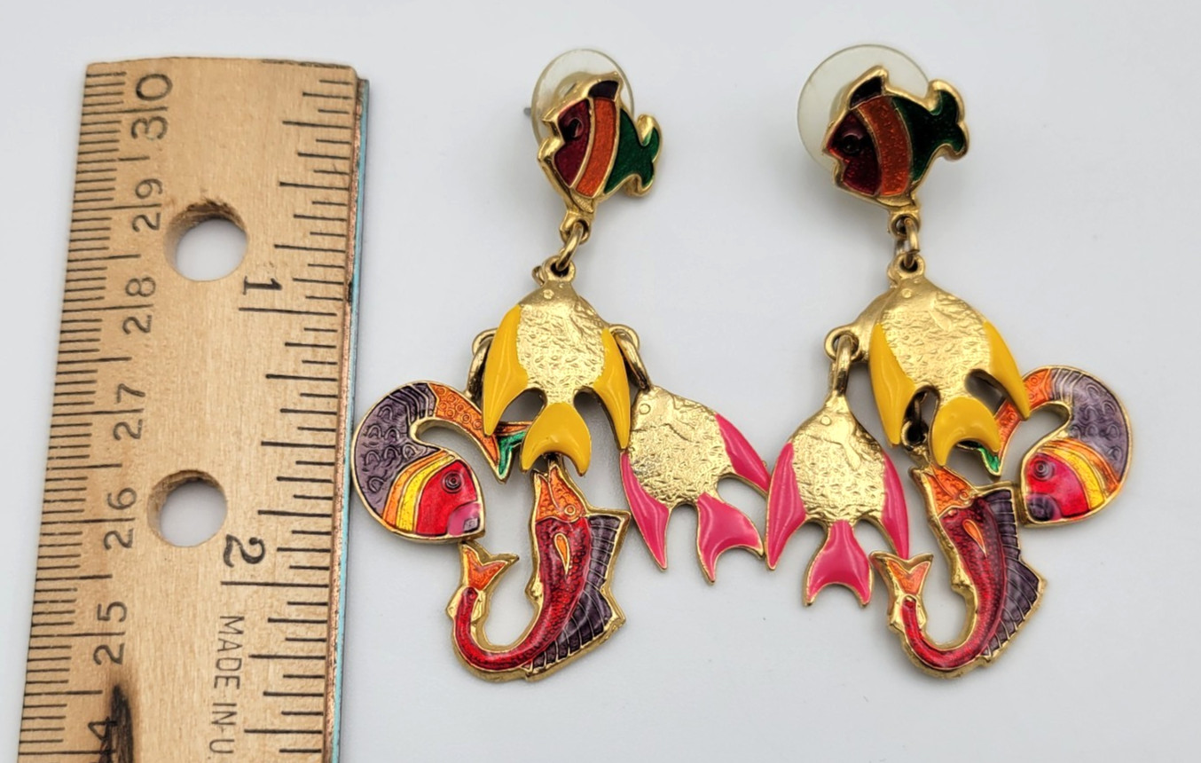 Vintage Don-Lin Enamel Tropical Fish Dangle Drop Earrings Pierced Gold Tone