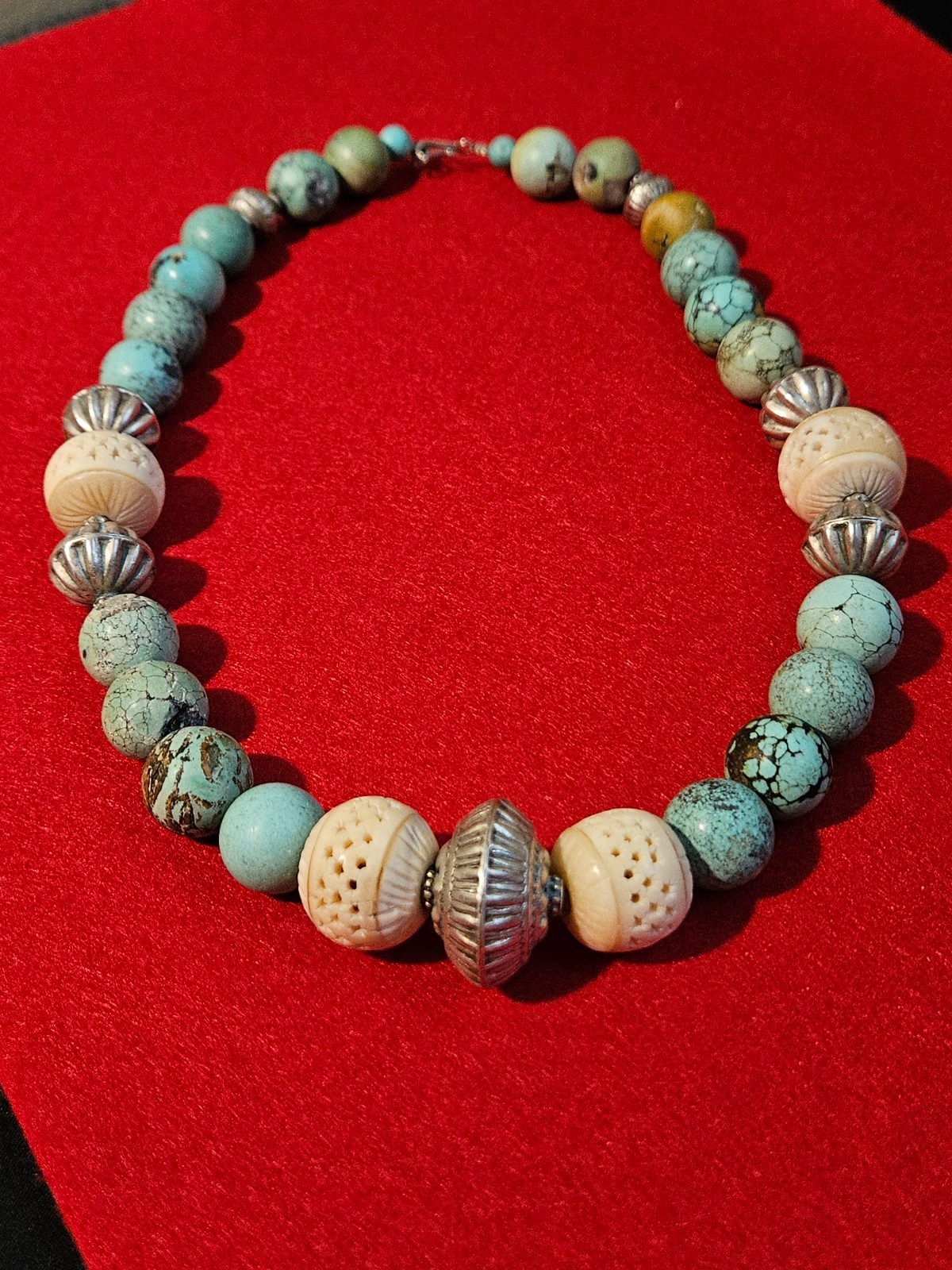 Vintage Tibetan Style Turquoise Necklace with Silver & Carved Bovine Bone Beads