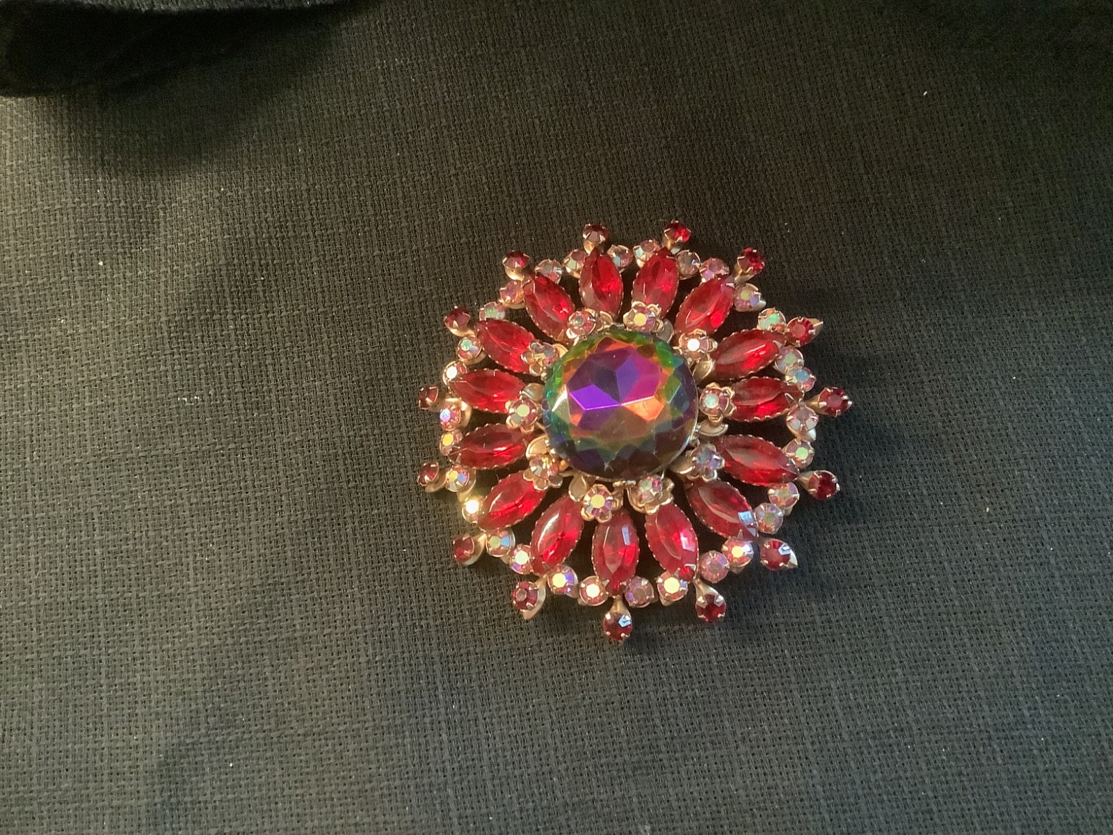 Juliana costume jewelry Red rhinestone pin, large at 3″