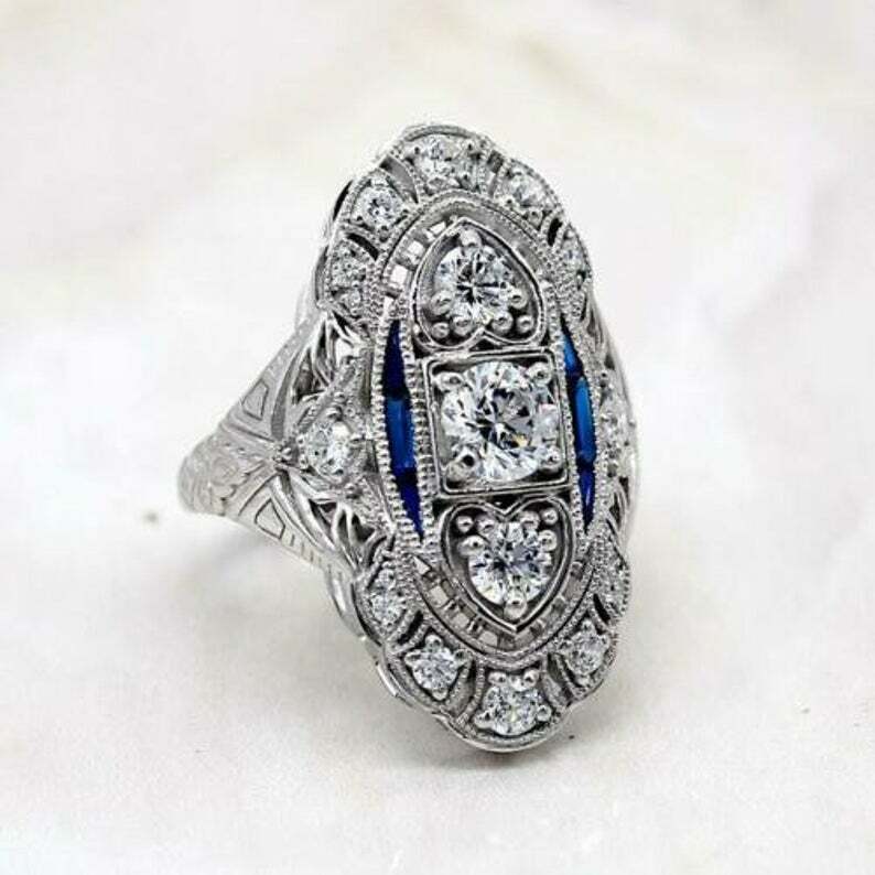 Art Deco Style Lab-Created Diamond & Sapphire Engagement Ring 14K White Gold FN