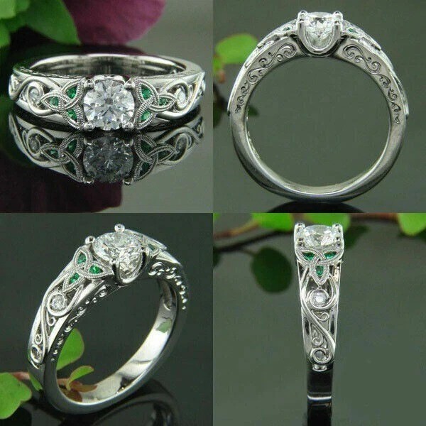 Art Deco Style Lab Created Diamond &Emerald Anniversary 14K White Gold FN Ring