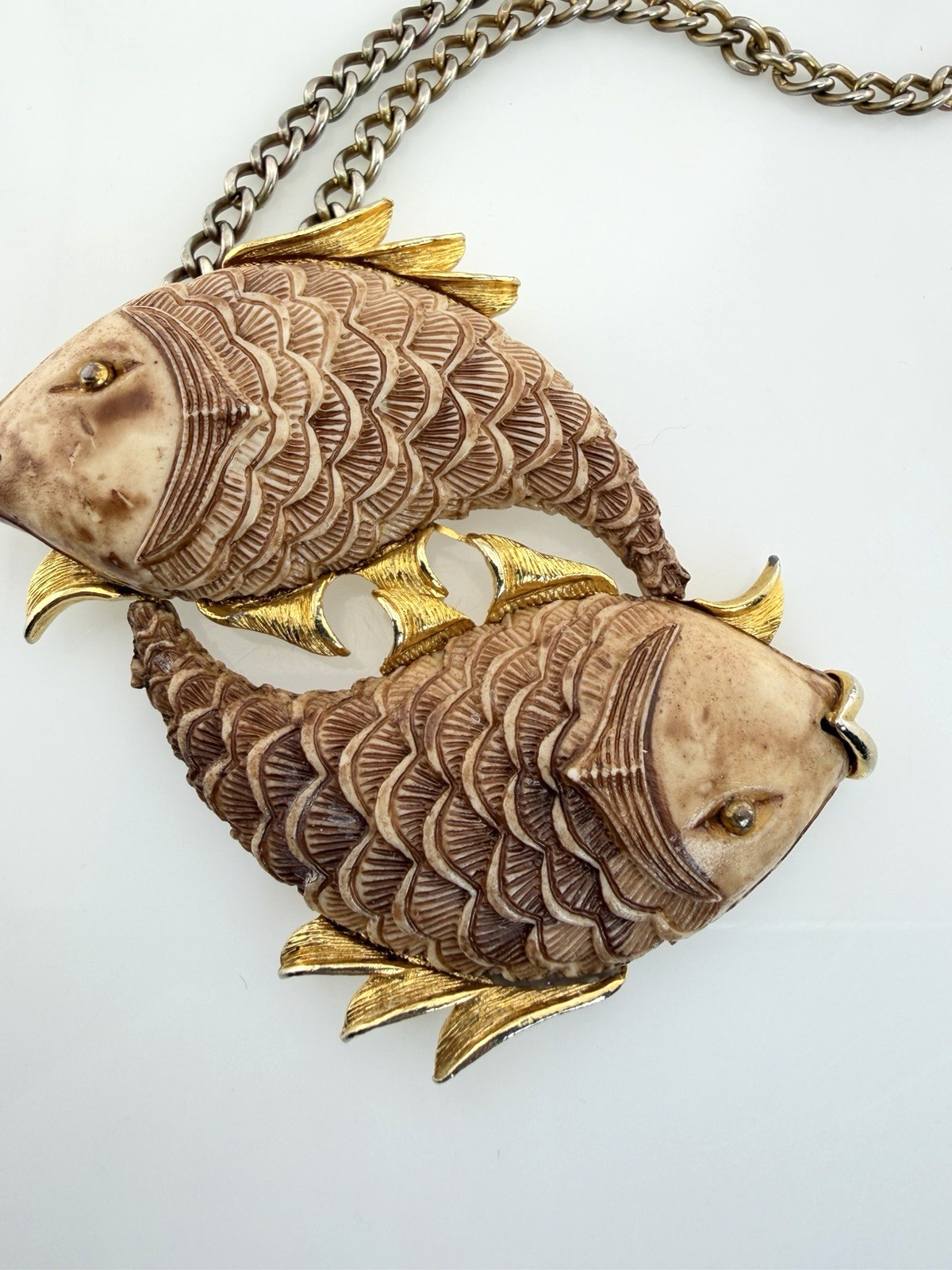 Vintage Razza Double Fish Necklace Carved Resin Faux Bone Gold Tone Large Pisces