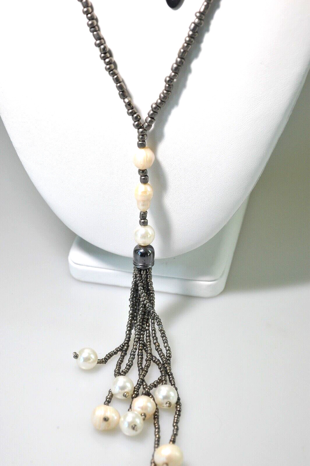 Jules B signed Trendy long faux pearl bead dangle drop tassel Necklace BD7